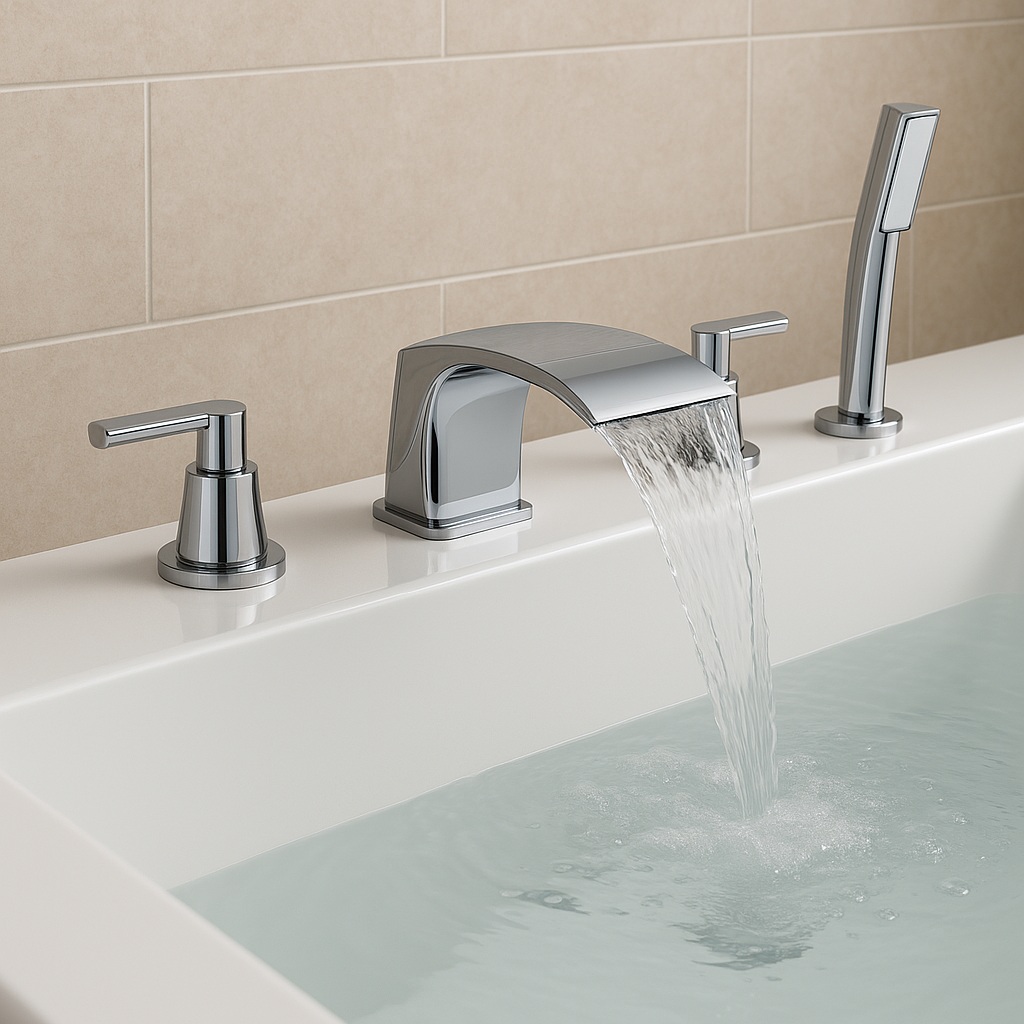 Chrome deck-mounted Roman tub filler with wide waterfall spout and three handles
